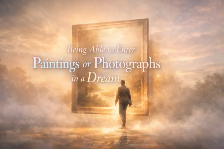 A person steps into a glowing vintage frame, illustrating Being Able to Enter Paintings or Photographs in a Dream in a surreal, golden mist atmosphere. The dreamlike scene visually represents Being Able to Enter Paintings or Photographs in a Dream as a symbolic journey between memory and reality.
